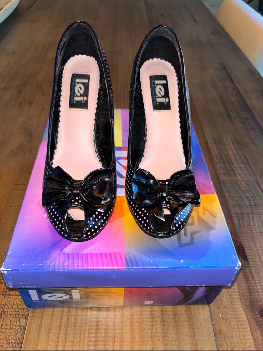 lei Black Patent Peep-Toe Bow Heels with Polka Dot Trim